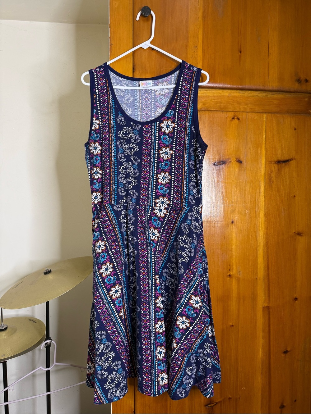 LuLaRoe Navy Floral Stripe Sleeveless Swing Dress